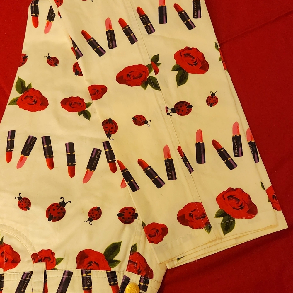 RENA LANGE vtg women's pants 8 10 M 30" waist cream red pink roses ladybugs lips